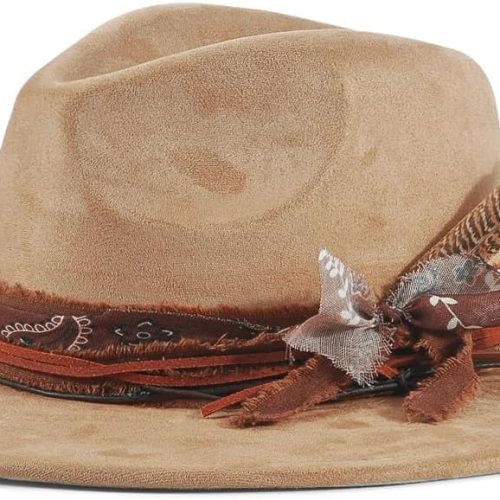 Wide Brim Suede Fedora Hat with Decorative Accessories