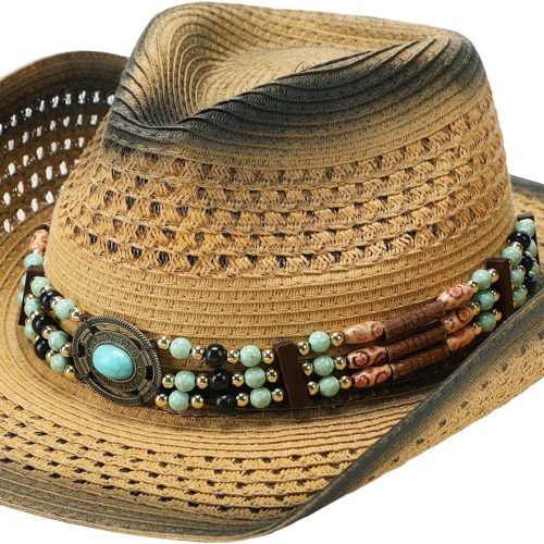Woven Cowgirl Hat with Beaded Band and Chin Strap