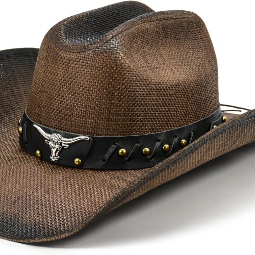 Straw Western Hat with Leather Hatband and Water Resistant Coating