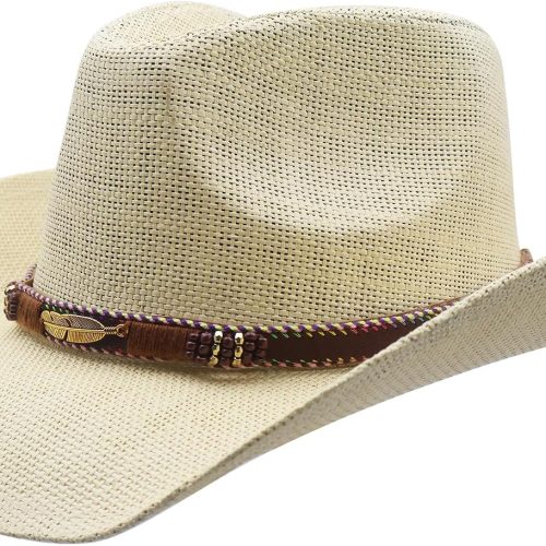 Straw Cowboy Hat with Curved Brim and Adjustable Band