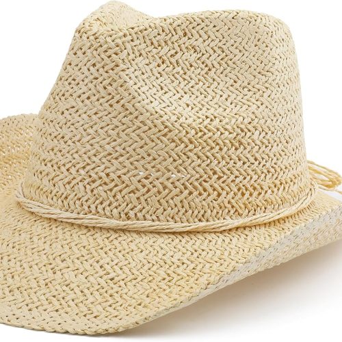 Straw Cowboy Hat with Straw Hatband and Adjustable Strap