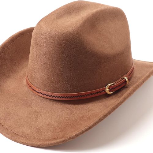 Faux Suede Cowboy Hat with Rolled Brim and Belt Buckle