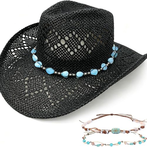 Straw Cowboy Hat with Two Hatbands and Windproof Strap